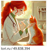A charming anime-style digital illustration of a young female veterinarian with red hair giving an injection to a fluffy ginger cat. The scene is filled with warmth, trust and care: the doctor gently holds the animal, and the cat calmly looks into her eyes. The interior of the office is done in light colors, in the background are medical instruments and jars. Ideal for materials on the topics of veterinary medicine, animal care, vaccinations, vaccinations, pet welfare and popularization of the veterinary profession. Стоковое AI-изображение, AI-художник Анна Кривицкая / Фотобанк Лори