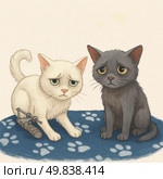 A touching cartoon-style illustration of two sad cats sitting on a blue rug with paw prints. One of them is white and has an external fixator on his back leg, apparently after an injury or surgery. The second one is dark gray and simply looks with an expression of sadness and sympathy. The illustration is done in soft colors, conveying emotions of pain, vulnerability and care. Perfect for social projects dedicated to helping homeless and injured animals, as well as for veterinary campaigns, animal protection initiatives and charities. Стоковое AI-изображение, AI-художник Анна Кривицкая / Фотобанк Лори