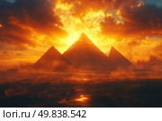 Three Egyptian pyramids illuminated by the dramatic light of sunset. The fiery sky with thick clouds is painted in golden-orange and red tones, creating a sense of mystical and epic atmosphere. The surface of the earth seems covered with dust or smoke, enhancing the effect of unreality and antiquity. The light of the sun, breaking through the clouds, seems to emphasize the grandeur and mystery of these ancient structures. Стоковое AI-изображение, AI-художник Анна Кривицкая / Фотобанк Лори