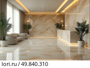 Modern and elegant interior of a hotel lobby or reception area. The spacious room is decorated in light colors with a predominance of glossy marble with beige and gold veins. Backlighting along the perimeter of the ceiling and at the base of the counters creates soft, warm lighting. The interior is complemented by stylish furniture - white sofas and armchairs, as well as large green plants in white pots, arranged symmetrically. The space gives the impression of cleanliness, luxury and minimalism. Стоковое AI-изображение, AI-художник Анна Кривицкая / Фотобанк Лори