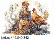 An illustration in watercolor technique depicting a fairytale scene: a young woman in an elegant dress decorated with berries and leaves sits among stylized plants. Next to her is a large rooster with expressive plumage. The color palette is soft, autumnal, with shades of ochre, terracotta, blue and gold. The atmosphere is mystical and folkloric, reminiscent of Slavic or European fairy tales. The image is suitable for use in books, on postcards, in design projects related to nature, fairy tales, holidays and ethnocultural aesthetics. Стоковое AI-изображение, AI-художник Анна Кривицкая / Фотобанк Лори