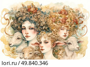 Watercolor illustration in Art Nouveau style depicts three beautiful girls with voluminous curly hair, decorated with flowers and foliage. Their looks are dreamy and spiritual. Next to them are white sheep and lambs, creating an atmosphere of pastoral, purity and natural harmony. The composition is decorated with exquisite decorative ornament, enhancing the feeling of a fairy tale. The image is ideal for use in illustrations for myths, fantasy books, handmade products, cosmetic packaging or spring collections. Стоковое AI-изображение, AI-художник Анна Кривицкая / Фотобанк Лори