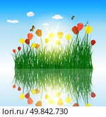 Tulips in grass with reflection in water. Eps 10 vector illustration with transparency and meshes. . Стоковая иллюстрация, агентство Ingram Publishing / Фотобанк Лори