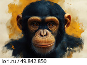 A close-up digital illustration of a chimpanzee head. The monkey is depicted in a realistic manner with detailed skin and fur texture, the expression on the face is calm and thoughtful. The background is made in abstract ochre and ink tones, which gives the picture an artistic and emotional accent. The image is suitable for educational, scientific, artistic and decorative projects, as well as topics related to nature, wildlife and zoopsychology. Стоковое AI-изображение, AI-художник Анна Кривицкая / Фотобанк Лори