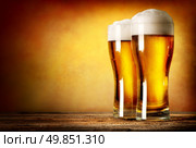 Two glasses of lager on a wooden table. Стоковое фото, агентство Ingram Publishing / Фотобанк Лори