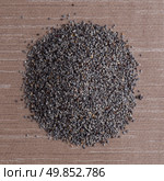 Top view of poppy seeds against brown vinyl background. Стоковое фото, агентство Ingram Publishing / Фотобанк Лори