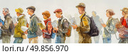 A painting depicting a diverse group of people hiking through a scenic landscape, each carrying a backpack on their journey. Стоковое AI-изображение, AI-художник Данила Большаков / Фотобанк Лори