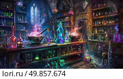 A mystical alchemy laboratory filled with bubbling potions, glowing flasks, and ancient books under the dim light of lanterns. Стоковое AI-изображение, AI-художник Данила Большаков / Фотобанк Лори