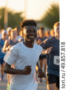 A group of individuals are participating in a running race, sprinting with determination towards the finish line. Стоковое AI-изображение, AI-художник Данила Большаков / Фотобанк Лори
