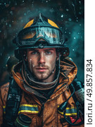 A man dressed in a firemans uniform stands stoically in the rain, showcasing the resilience and dedication of firefighters in challenging weather conditions. Стоковое AI-изображение, AI-художник Данила Большаков / Фотобанк Лори