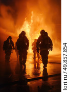 A group of firefighters in full gear walking away from a blaze, smoke rising in the background as they head towards safety after extinguishing the fire. Стоковое AI-изображение, AI-художник Данила Большаков / Фотобанк Лори