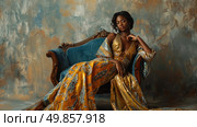 A painting depicting a woman seated on a couch, elegantly posed with a serene expression. Стоковое AI-изображение, AI-художник Данила Большаков / Фотобанк Лори