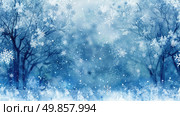 A winter scene featuring a blue background with falling snowflakes and trees covered in snow. Стоковое AI-изображение, AI-художник Данила Большаков / Фотобанк Лори