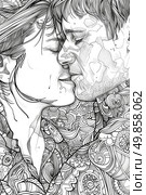 A drawing depicting two individuals engaged in a kiss, showing intimacy and affection between them. Стоковое AI-изображение, AI-художник Данила Большаков / Фотобанк Лори