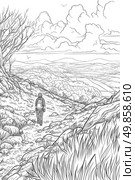 A drawing of a person walking down a path surrounded by trees and bushes. Стоковое AI-изображение, AI-художник Данила Большаков / Фотобанк Лори