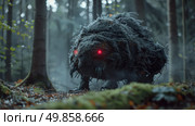 A mythical beast with bright red eyes stands amidst a foggy woodland, creating an eerie atmosphere as dusk settles. Стоковое AI-изображение, AI-художник Данила Большаков / Фотобанк Лори