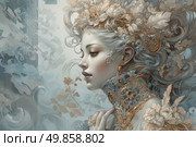 A fantasy digital portrait of a young woman in an elegant and fairytale image. Her pale skin, snow-white hair and refined facial features are emphasized by a complex composition of lace, gold jewelry, flowers and leaves woven into her hair and outfit. The art is done in pastel and cold colors with a predominance of silver-blue and beige tones, creating an atmosphere of magic and aristocratic grandeur. The illustration is filled with decorative elements in the Baroque or steampunk fantasy style. The image of the girl resembles a winter queen, a mythical creature or a fairy tale heroine.Ideal for book design, fantasy projects, Tarot cards, covers, game design and collectible editions. Стоковое AI-изображение, AI-художник Анна Кривицкая / Фотобанк Лори