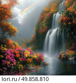 A fairytale landscape illustration depicting a majestic waterfall cascading down a slope covered with colorful autumn trees and flowering shrubs. At the foot of the waterfall is a calm lake reflecting the drops of water and iridescent light. In the sky above the mountain gorge is a rainbow breaking through the fog and soft cloudy glow. The scene is filled with magic, harmony and natural beauty. Ideal for decorating fantasy projects, books, travel posters, nature calendars and relaxation themes. Стоковое AI-изображение, AI-художник Анна Кривицкая / Фотобанк Лори