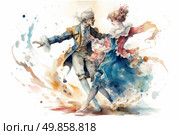 A watercolor illustration depicting a dancing couple in exquisite 18th century attire. A man in a wig, waistcoat, and tailcoat with lace leads an elegant lady in a lush dress with frills, decorated with flowers and ribbons. The movement of the dance is conveyed by light, dynamic brushstrokes and splashes of paint, creating a sense of rhythm, lightness, and romance. The composition is filled with life, grace, and the atmosphere of an old ball. The color palette combines pastel and bright accents, emphasizing the emotionality of the scene.Suitable for themes related to fashion history, romance, art, balls, theater, vintage culture, and classical music. Стоковое AI-изображение, AI-художник Анна Кривицкая / Фотобанк Лори