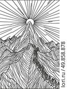Detailed black and white drawing showcasing a majestic mountain range with jagged peaks and rocky cliffs under a cloudy sky. Стоковое AI-изображение, AI-художник Данила Большаков / Фотобанк Лори