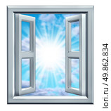 Window of opportunity as a symbol of freedom and succes or Light at the End of the tunnel with open windows and sky with glowing light. Стоковое фото, агентство Ingram Publishing / Фотобанк Лори