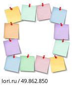 Office notes blank frame with several memoos pinned to a white background wall with a red thumb tack in the shape of an empty square framed as a business communication design. Стоковое фото, агентство Ingram Publishing / Фотобанк Лори