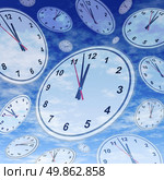 Deadlines and urgent business appointments as a last minute symbol of the stress of running out of time with clocks and watches floating in space over a blue sky background. Стоковое фото, агентство Ingram Publishing / Фотобанк Лори