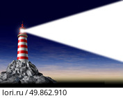 Beacon of light as a business success symbol of leadership strategy and vision of a goal with a light house on a rock beaming a white directional light with a blank editable area for your text on a night sky. Стоковое фото, агентство Ingram Publishing / Фотобанк Лори
