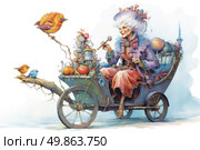 Fairytale style watercolor illustration depicting an eccentric old lady with a kind smile, sitting in an elegant carriage decorated with fruits, magical elements and fantastic details. Around her are bright birds on the branches and decorative elements of the carriage. The woman holds a wand like a sorceress, and the whole scene is filled with an atmosphere of fairy tale, wonder and warmth. The colors are soft, pastel, with a predominance of lavender, pink and blue shades. Ideal for themes of magic, fairy tales, childhood and fantasy stories. Стоковое AI-изображение, AI-художник Анна Кривицкая / Фотобанк Лори