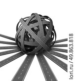 Ball of confusion and difficult problems searching for solutions and success with many roads merging together into a pile of complicated directions requiring good management and leadership. Стоковое фото, агентство Ingram Publishing / Фотобанк Лори