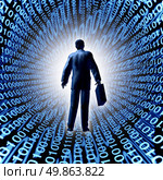 Technology business with a man and briefcase entering a binary code cyber company in silicon valley or digital market selling computing electronics and data storage in the virtual cloud managed by high tech servers. Стоковое фото, агентство Ingram Publishing / Фотобанк Лори