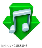 Music downloads and downloading digital songs through the internet and computers with a green arrow pointing down with a music note  on a white background as an icon of modern entertainment and fun. Стоковое фото, агентство Ingram Publishing / Фотобанк Лори