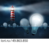 Searching for the best ideas and inventions as business solutions to economic challenges with a light house shinning a beam looking for light bulbs in the water with one illuminated as thewinning concept. Стоковое фото, агентство Ingram Publishing / Фотобанк Лори
