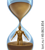 Human aging process,and age related illness as cancer alzhiemer disease and other anatomical medical problems as an hour glass time symbol with sand in the shape of a man falling down in an urgent way on a  white background. Стоковое фото, агентство Ingram Publishing / Фотобанк Лори