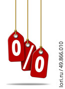 Percent price tag sale with three red tags representing the text icons for a special low percentage off the regular price as a symbol of debt financing or saving money for shopping at retail stores on a white background. Стоковое фото, агентство Ingram Publishing / Фотобанк Лори