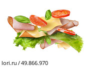 Ingredients for sandwich falling in the air isolated on white - slices of fresh tomatoes, ham, cheese and lettuce. Стоковое фото, агентство Ingram Publishing / Фотобанк Лори