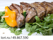 shashlik with potherbs on the plate. Стоковое фото, агентство Ingram Publishing / Фотобанк Лори
