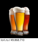 Different beer in glasses isolated on black background. Стоковое фото, агентство Ingram Publishing / Фотобанк Лори