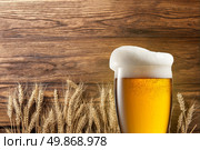 Glass of beer with wheat on wooden background. Стоковое фото, агентство Ingram Publishing / Фотобанк Лори