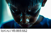A close-up portrait of a boy's face covered in sweat, reflecting intense emotion or exertion. Стоковое AI-изображение, AI-художник Данила Большаков / Фотобанк Лори