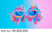 Concept: Musical immersion; Modern headphones with vibrant color explosion, symbolizing dynamic audio experience. Стоковое AI-изображение, AI-художник Данила Большаков / Фотобанк Лори