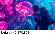 Underwater Exploration: A diver's journey amongst bioluminescent jellyfish, a surreal aquatic scene rendered in vibrant blues and pinks. Стоковое AI-изображение, AI-художник Данила Большаков / Фотобанк Лори