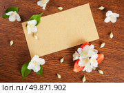 card on a wooden surface with jasmine flowers and strawberries. background. Стоковое фото, агентство Ingram Publishing / Фотобанк Лори