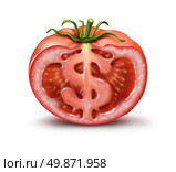 Money and cash crop concept as finances and profits earned in the business of the farming and agricultural indistry of the food market as a cut red tomato with the inside in the shape of a dollar currency sign on white. Стоковое фото, агентство Ingram Publishing / Фотобанк Лори