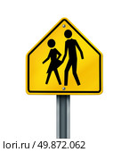 Sex abuse in school with a warning sign of a sexual predator abusing and attacking young innocent student victims represented by a yellow hazard sign with the criminal act isolated on a white background. Стоковое фото, агентство Ingram Publishing / Фотобанк Лори