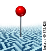 Finding your goal in life and in business with a concept of a red location direction pin in the middle of a complicated three dimensional maze or labyrinth as a symbol of searching for success from challenges on white. Стоковое фото, агентство Ingram Publishing / Фотобанк Лори