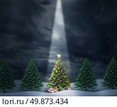 Illuminated Christmas tree with a row of evergreen pines and a center decorated holiday icon with bows and gifts enlightened with heavenly light from above  against a cold peaceful winter night. Стоковое фото, агентство Ingram Publishing / Фотобанк Лори