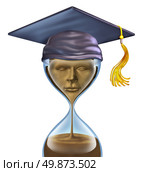 Graduation Countdown with a mortar cap on top of an hour glass and sands of time in the shape of a student head and as an education symbol of  completion of studies in school as  university or college. Стоковое фото, агентство Ingram Publishing / Фотобанк Лори