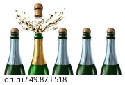 Winning bid and new contract success as a business project win after a proposal presentation for a company job with five champagne bottles with closed corks and a chosen one popping the cork in celebration with a splash. Стоковое фото, агентство Ingram Publishing / Фотобанк Лори