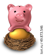 Savings nest egg with a pink ceramic piggy bank sitting on a gold investment fund symbol as a financial concept of managing wealth for a safe and secure retirement pension plan. Стоковое фото, агентство Ingram Publishing / Фотобанк Лори